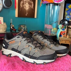 NWOT FILA Sneakers tennis shoes black and brown with orange accents. Never wor